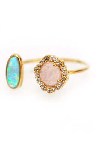 Adjustable Gold Ring with Opal Stone & Rose Crystal